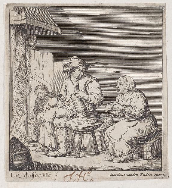 A family of four peasants gathered before the fireplace