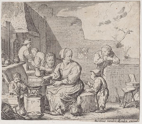 Peasant woman, seated, and cooking, with three children and a man around her