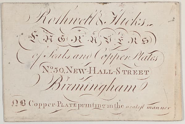 Trade Card for Rothwell & Hicks, engravers