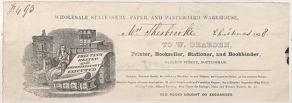 Trade Card for W. Dearden, Printer, Bookseller, Stationer, and Bookbinder