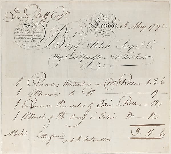 Trade Card for Robert Sayer & Co., Map, Chart and Printsellers