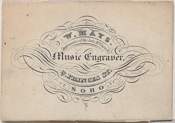 Trade Card for W. Mays, Music Engraver