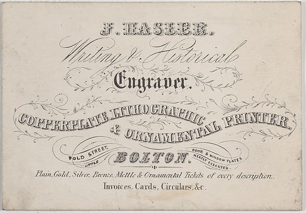 Trade Card for J. Hasler, Writing & Historical Engraver