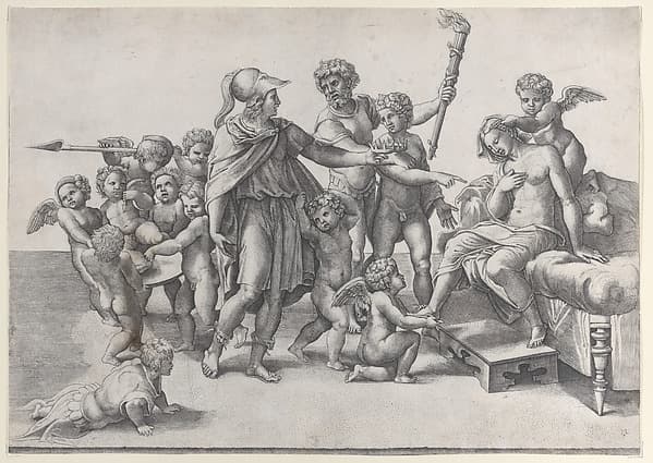 The marriage of Alexander and Roxana; Alexander surrounded by putti, offering a crown to Roxana who is seated at right