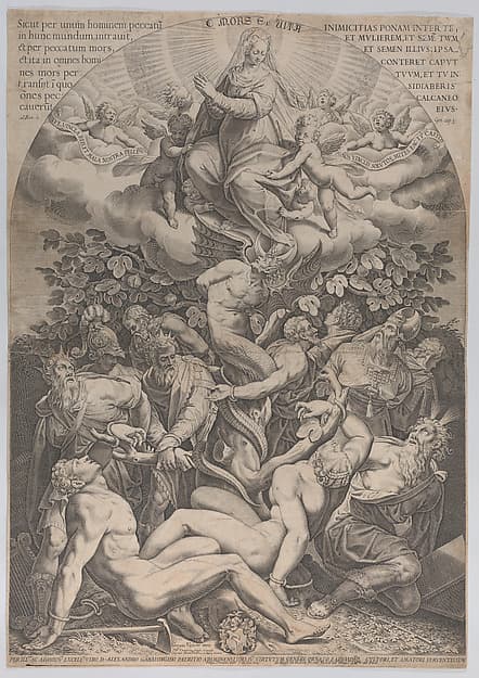 Allegory of the Immaculate Conception, with Adam, Eve, kings, priest, soldier and Moses tied at the bottom of a fig tree, and the Virgin sitting on cloud overhead, surrounded by angels