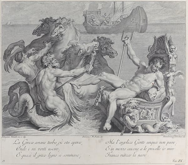 Plate 9: the Greeks opening the bag of wind, thinking there is gold inside, driving their vessel to the island of Circe