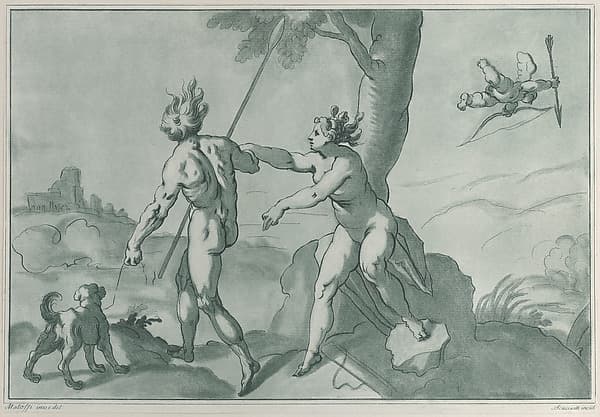 Venus and Adonis (?), nude in a landscape with a dog at left and Cupid at upper right