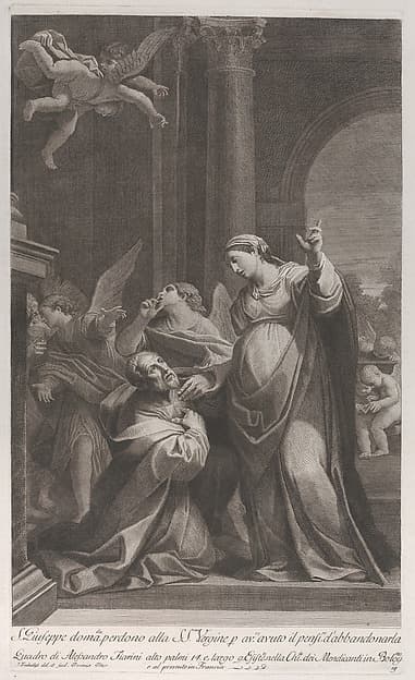 Saint Joseph asking the Virgin's pardon for having thought of deserting her, with angels at left and overhead