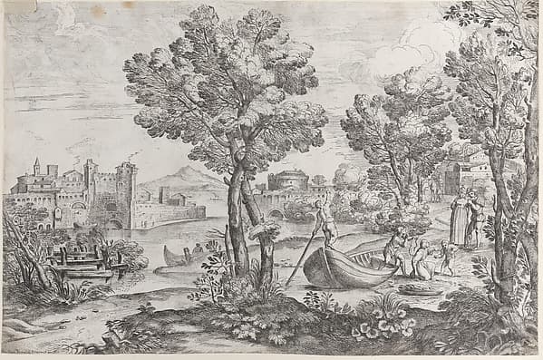 Landscape with a man holding a snake to a terrified child, watched by a fashionably dressed couple on the riverbank at right