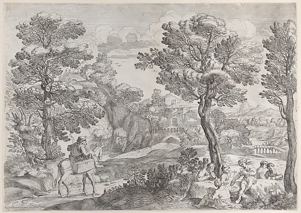 A group of people playing cards at right and a man on horseback at left