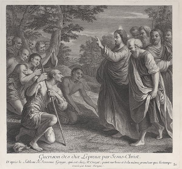 Healing of the ten lepers by Christ, who stands at right