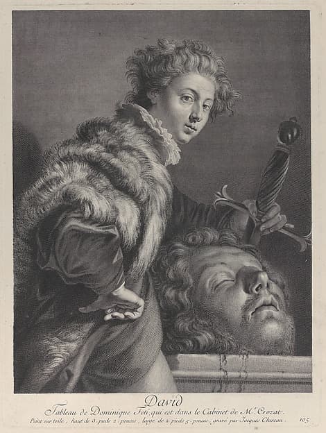 David, holding a sword and posing near the head of Goliath