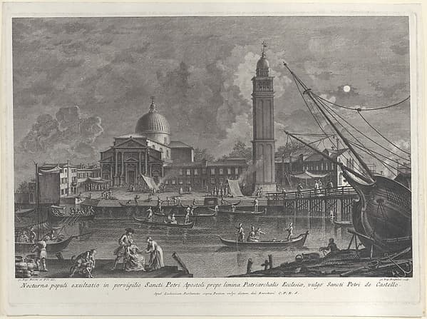 Nocturnal view of the gondolas' procession in front of the Basilica of San Pietro di Castello