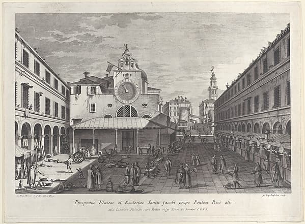 The Church of San Giacomo di Rialto, at right Palazzo dei Dieci and the bridge of Rialto