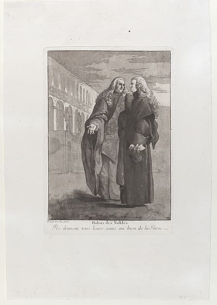 Two Venetian magistrates standing in front of the Palazzo Ducale, from the 'Divers portraits gravés à l'eau-forte et dediés à M.Dominique Corvi'
