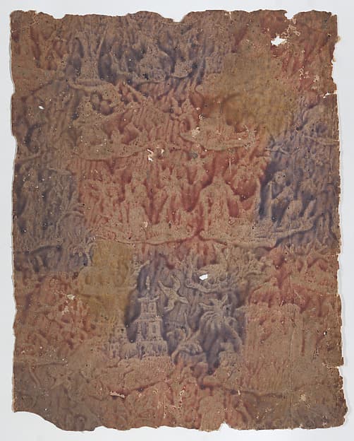 Sheet with figures in landscapes in red, purple, and yellow