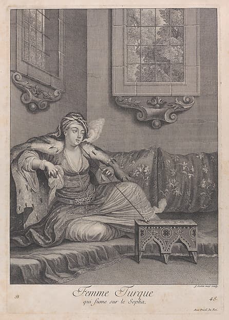 Femme Turque, qui fume sur le Sopha, plate 45 from "Recueil de cent estampes représentent differentes nations du Levant"