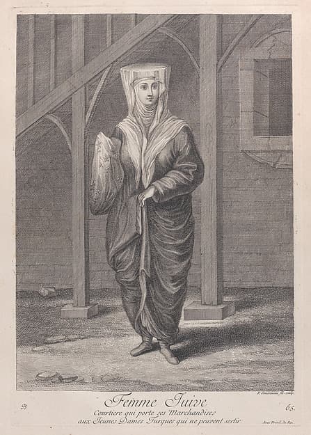 Femme Juive, Courtiere qui porte ses Marchandises aux Juenes Dames Turques qui ne peuvent sortir, plate 65 from "Recueil de cent estampes représentent differentes nations du Levant"