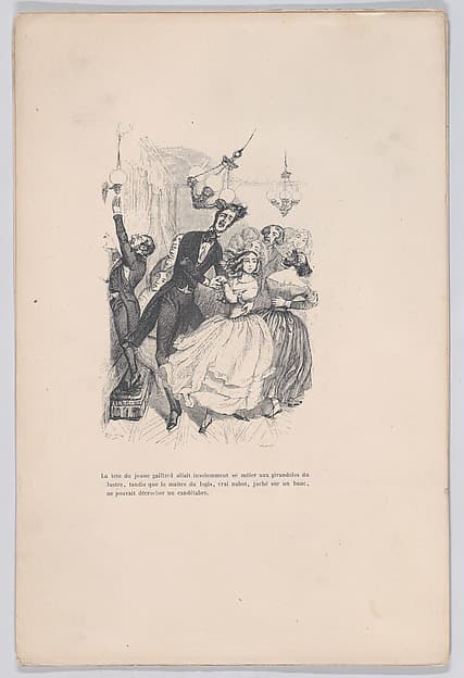 "The head of the young fellow insolently mingled with the candlesticks of the chandelier." from the Little Miseries of Human Life