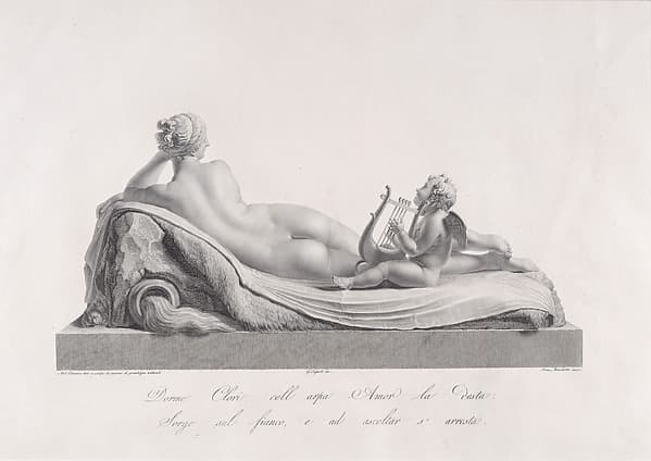 Back view of Venus reclining accompanied by Cupid with a harp, from "Oeuvre de Canova: Recueil de Statues..."