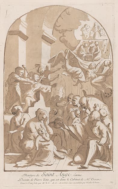 The martyrdom of Saint Angelo who in the upper left is being stabbed watched by horrified onlookers, from the 'Cabinet Crozat'