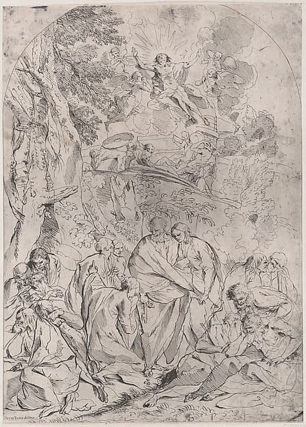 Saint Peter standing in the centre surrounded by Apostles distraught at the death of Christ who is shown ascending from the tomb in the upper section