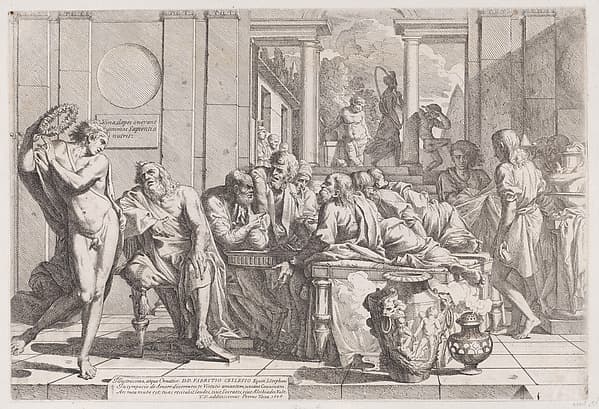 Plato's symposium: Socrates and his companions seated around a table discussing ideal love interruputed by Acibiades at left