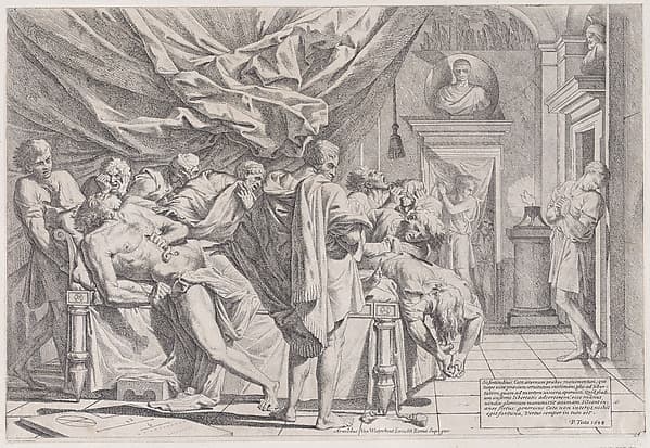 The suicide of the philosopher Cato, who lies on his bed pulling out his innards watched by horrified disciples