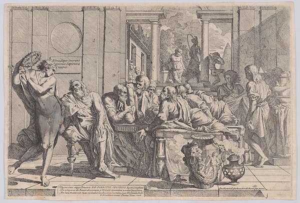 Plato's symposium: Socrates and his companions seated around a table discussing ideal love interruputed by Acibiades at left