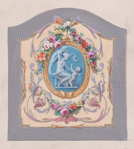 Design for a Chair Back Cover with an Oval-Shaped Ornamental Frame with a Kneeling Woman and a Playful Putto Surrounded by Garlands of Leaves and Flowers and Scrolling Acanthus Leaves Inside a Larger Ornamental Frame
