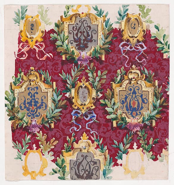 Design for Wallpaper with Alternating Vertical Rows of Pairs of Ornamental Frames of Two Sizes Framed by Interlacing Garlands of Laurel Leaves Tied by a Bow