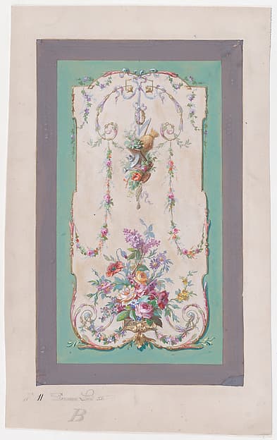 Design for a Panel with a Large Bundle of Flowers and Leaves and a Hanging Thin Bundle Containing Gardening Tools Inside an Ornamental Frame Decorated with Thin Garlands of Flowers and Leaves
