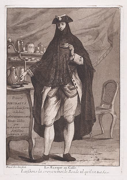 A man wearing a mask drinking a cup of coffee (Le Masque au Caffé), title page to "Divers Portraits"