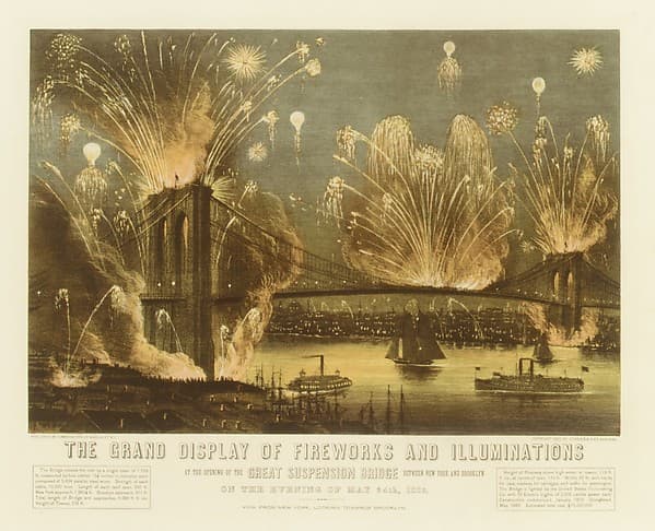 The Grand Display of Fireworks and Illuminations at the Opening of the Great Suspension Bridge between New York and Brooklyn on the Evening of May 24, 1883. View from New York Looking towards Brooklyn.