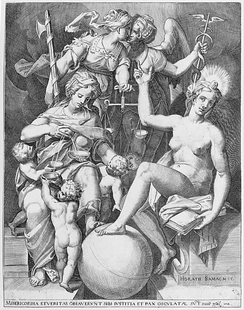 Allegory of the Psalm of David; Misericordia seated to the left feeding four children with milk from her breast, Truth seated to the right holding an open book in her left hand and her foot resting on a globe, Justice stands behind to the left holding a pair of scales and embracing Peace who stands to the right holding a caduceus