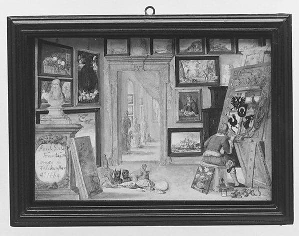 An Artist Painting a Heraldic Shield in a Cabinet of Curiosities