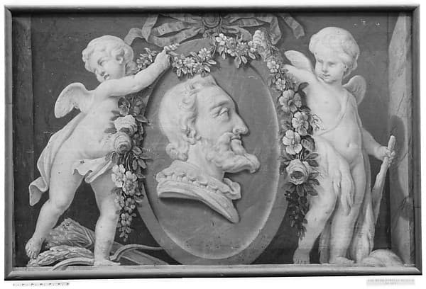 Bust of Henri IV in oval medallion with blue ground supported by two cupids