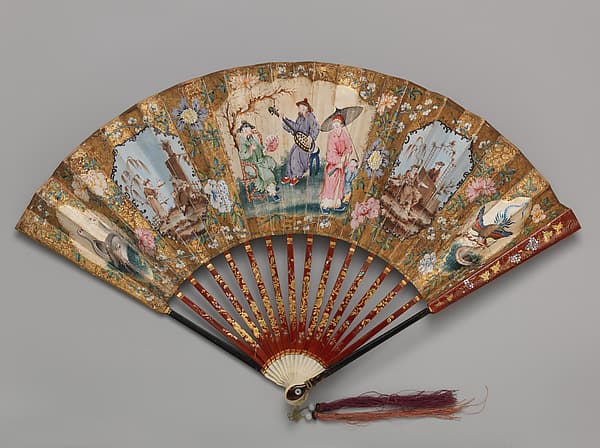Folding Fan with Scene of a Musical Concert, flanked by a Fisherman and Birds