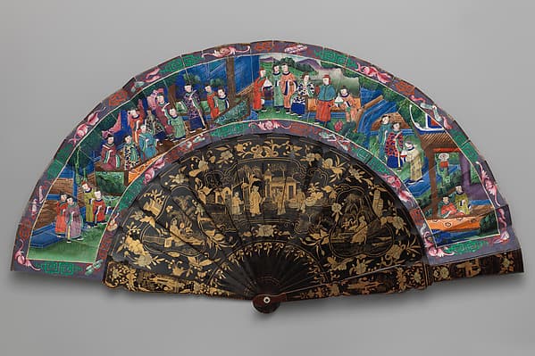Folding Fan with Scene of Figures in a Courtyard Garden