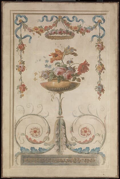 Vase of Flowers Resting on Foliate Scrolls