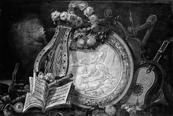 Putti Musicians in a Medallion, Surrounded by Musical Attributes, Flowers, and Fruit