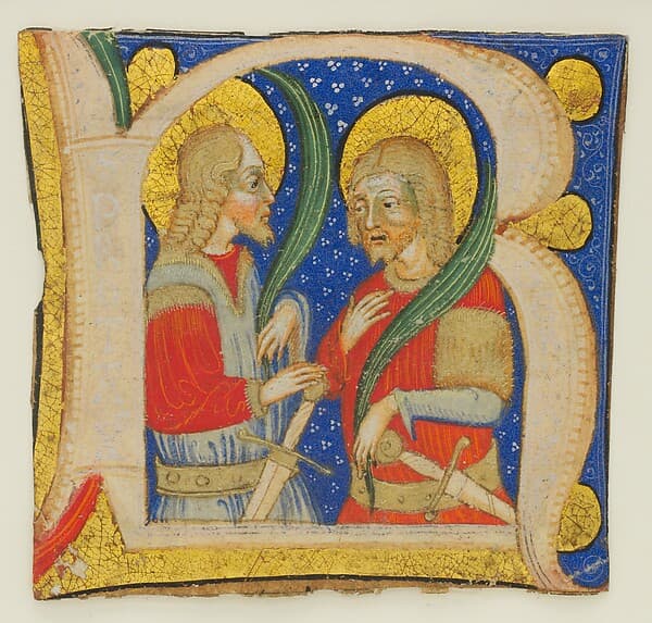 Manuscript Leaf Cutting Showing an Illumiated Initial R with St. Protasius and St. Gervasius