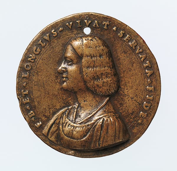 Portrait medal of an Unknown Lady (obverse); A Kneeling Man with a Basket of Fruit, Cupid, and the Caduceus of Mercury (reverse)