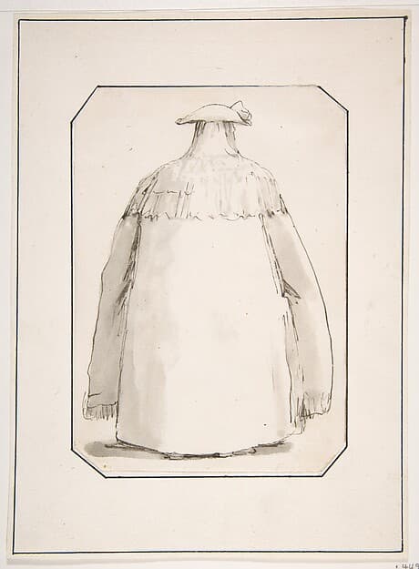 Caricature of a Fat Person Wearing a Long Cloak and a Tricorne, Seen from Behind