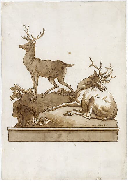 Two Stags, One Standing and One Lying, on a Grassy Knoll (with a Base)